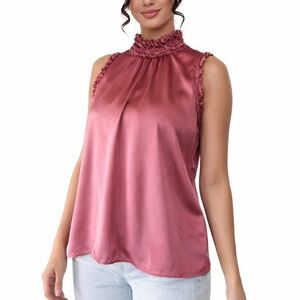 Zara Satin Ruffled High-Neck Sleeveless Top in Dusty Rose - S